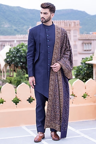 Navy Blue Banarasi Silk Indowestern Set by AMIT ARORA