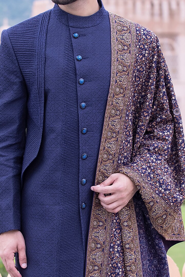 Navy Blue Banarasi Silk Groom Indowestern Set by AMIT ARORA at Pernia's Pop Up Shop