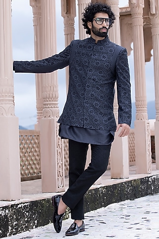 Grey Banarasi Silk Cutdana Hand Embroidered Bandhgala Set by AMIT ARORA