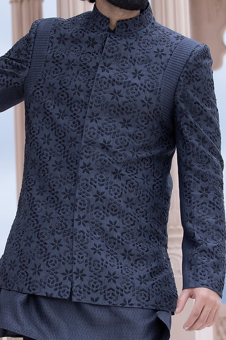 Grey Banarasi Silk Cutdana Hand Embroidered Groom Bandhgala Set by AMIT ARORA at Pernia's Pop Up Shop