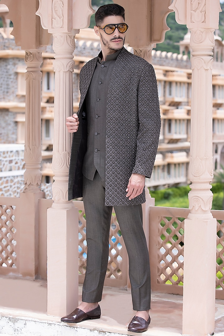 Olive Green Banarasi Silk Indo-Western Jacket Set by AMIT ARORA