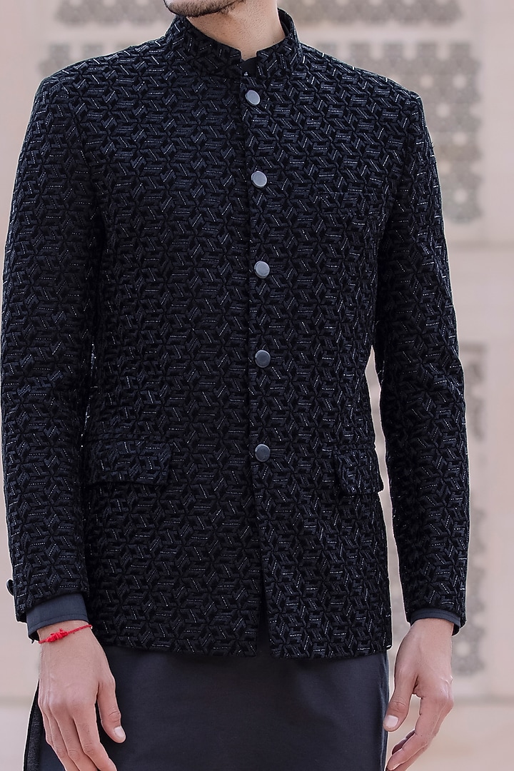 Black Cotton Velvet Hand & Machine Embroidered Groom Bandhgala Set by AMIT ARORA at Pernia's Pop Up Shop