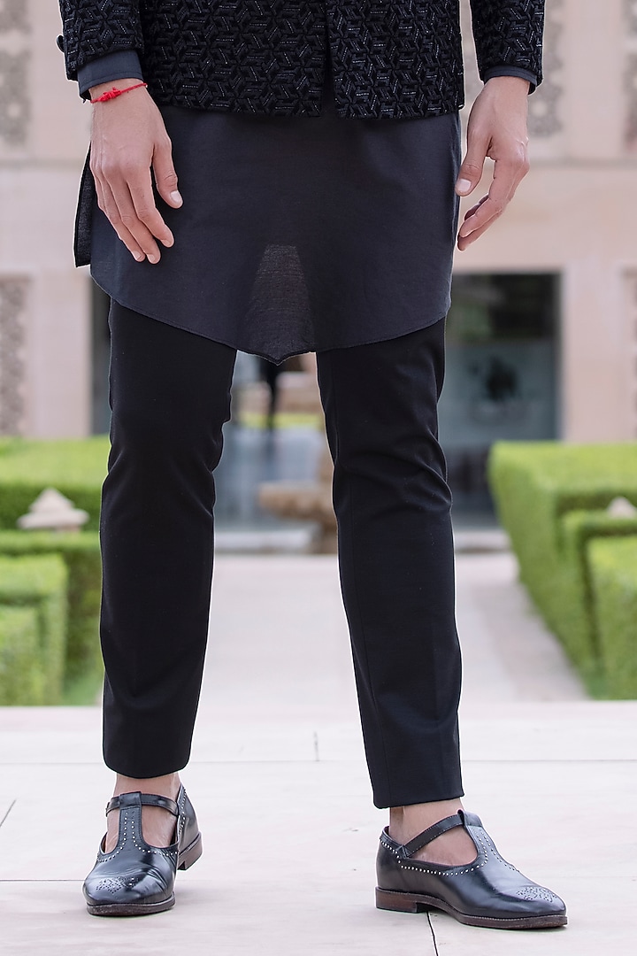 Black Cotton Velvet Hand & Machine Embroidered Groom Bandhgala Set by AMIT ARORA at Pernia's Pop Up Shop