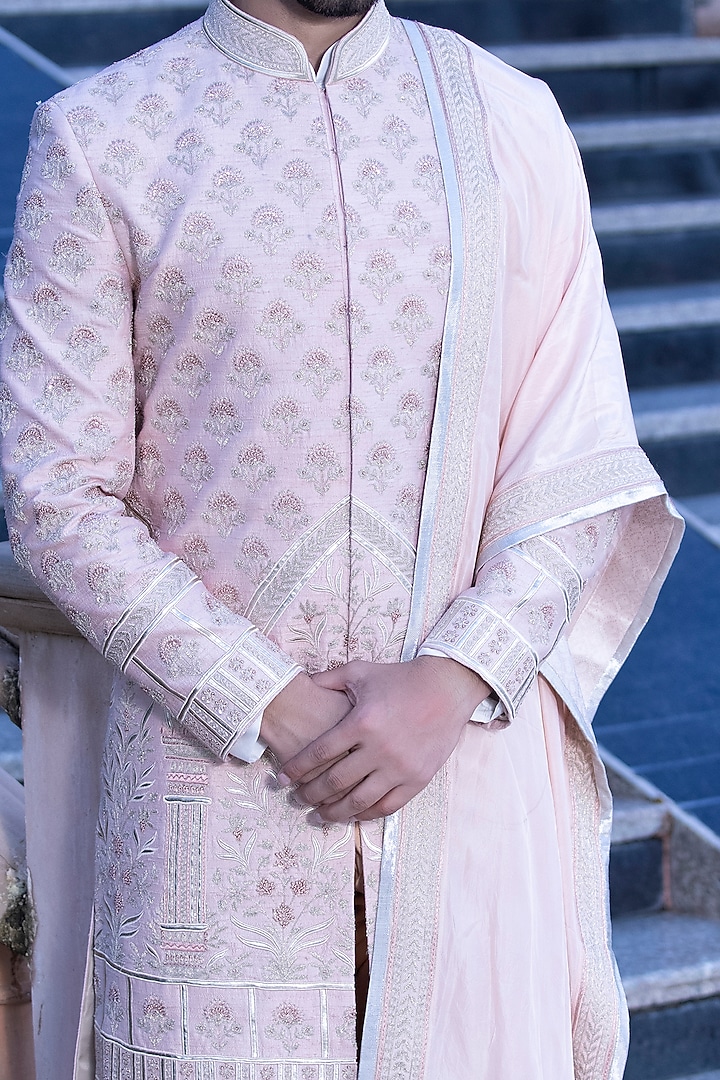 Baby Pink Raw Silk Hand Embroidered Groom Sherwani Set by AMIT ARORA at Pernia's Pop Up Shop