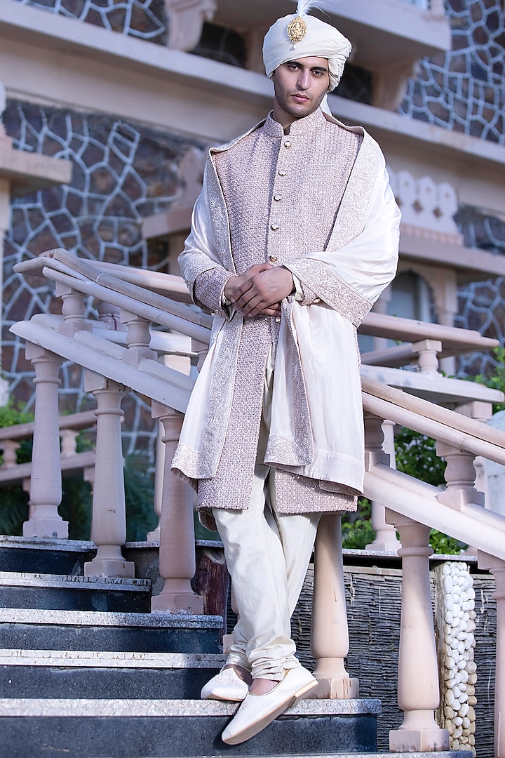 Baby Pink Raw Silk Moti & Sequins Embroidered Groom Sherwani Set by AMIT ARORA at Pernia's Pop Up Shop