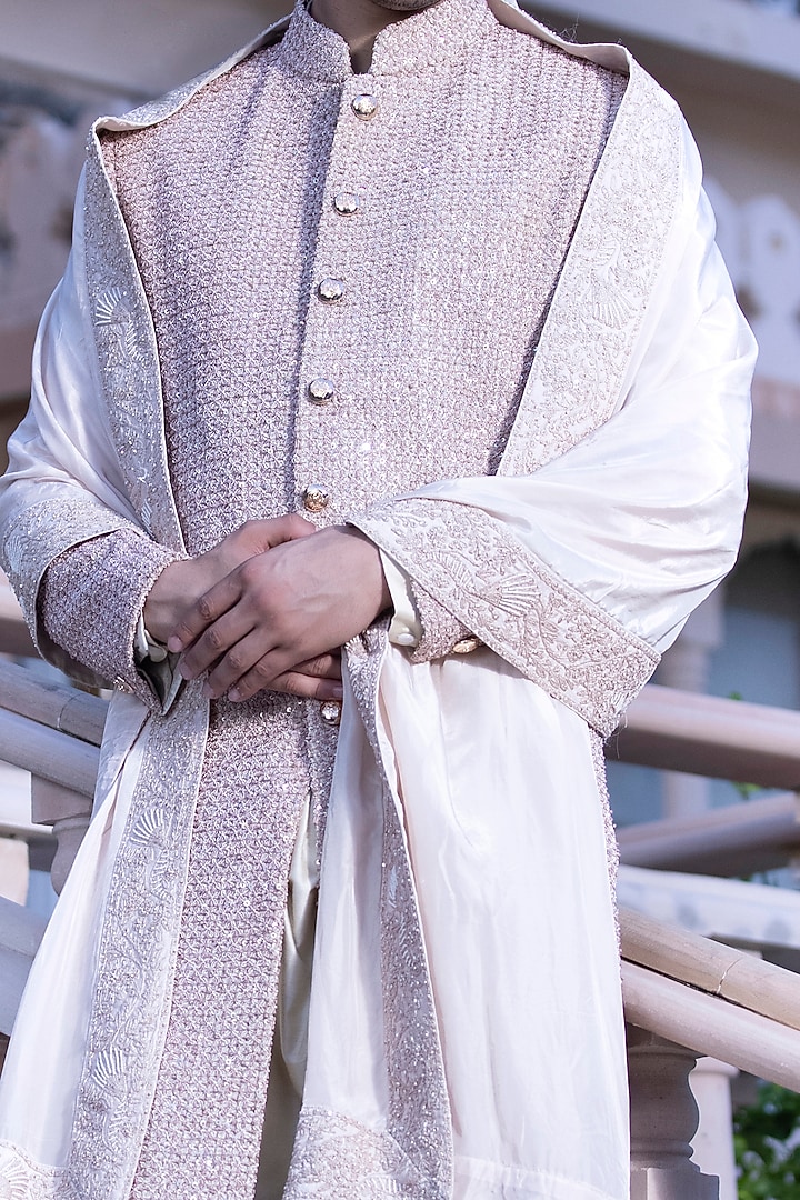 Baby Pink Raw Silk Moti & Sequins Embroidered Groom Sherwani Set by AMIT ARORA at Pernia's Pop Up Shop