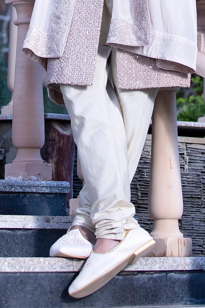 Baby Pink Raw Silk Moti & Sequins Embroidered Groom Sherwani Set by AMIT ARORA at Pernia's Pop Up Shop