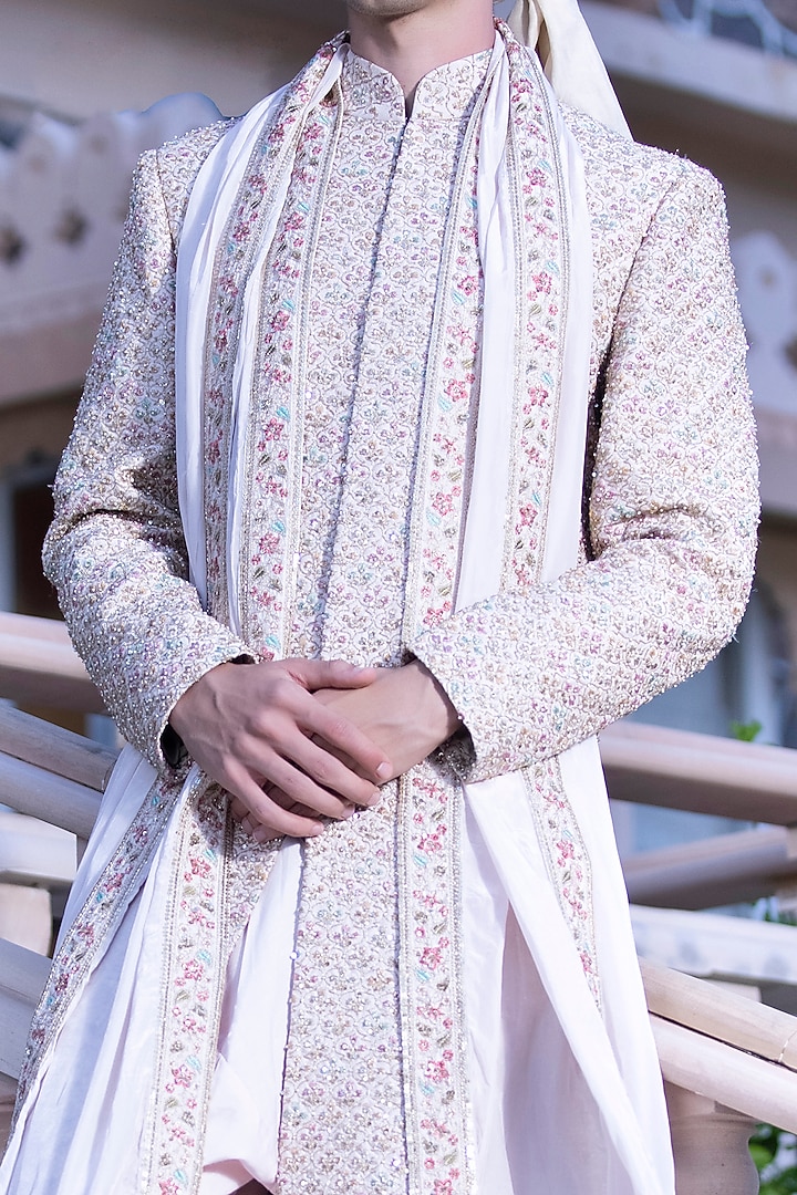 Baby Pink Raw Silk Moti & Sequins Embroidered Groom Sherwani Set by AMIT ARORA at Pernia's Pop Up Shop