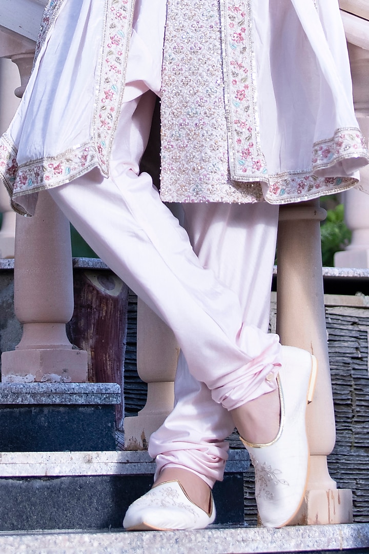 Baby Pink Raw Silk Moti & Sequins Embroidered Groom Sherwani Set by AMIT ARORA at Pernia's Pop Up Shop
