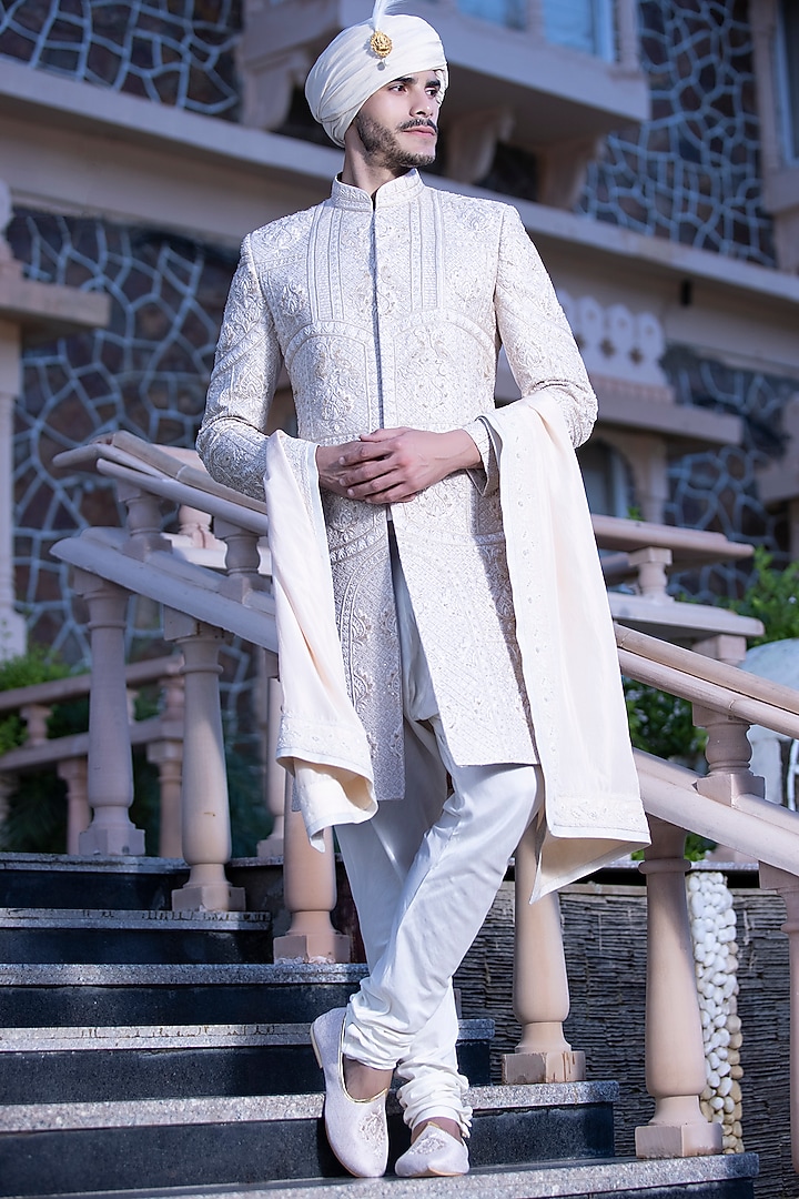 Rose Gold Raw Silk Hand Embroidered Groom Sherwani Set by AMIT ARORA at Pernia's Pop Up Shop