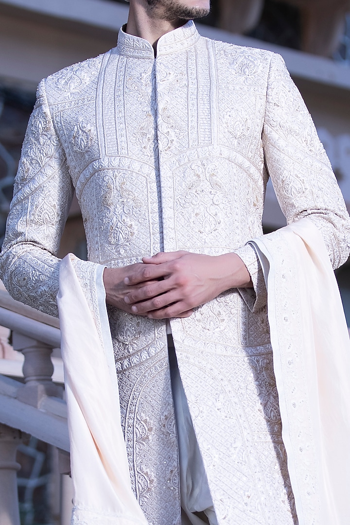 Rose Gold Raw Silk Hand Embroidered Groom Sherwani Set by AMIT ARORA at Pernia's Pop Up Shop