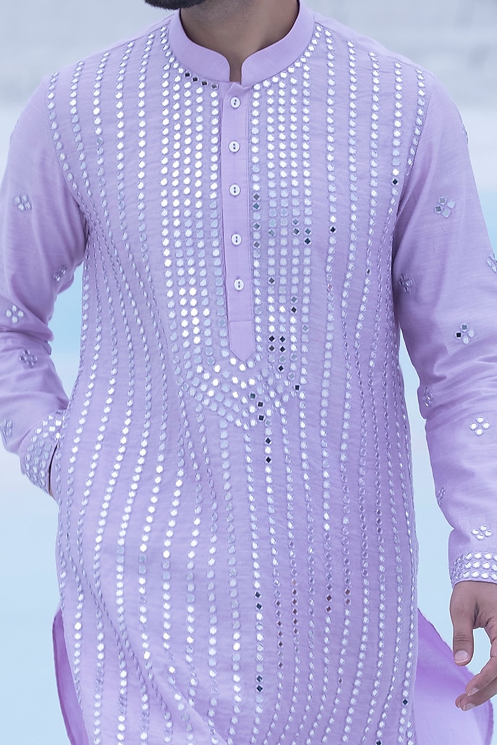 Pastel Lilac Moonga Silk Mirror Embroidered Kurta Set by AMIT ARORA at Pernia's Pop Up Shop