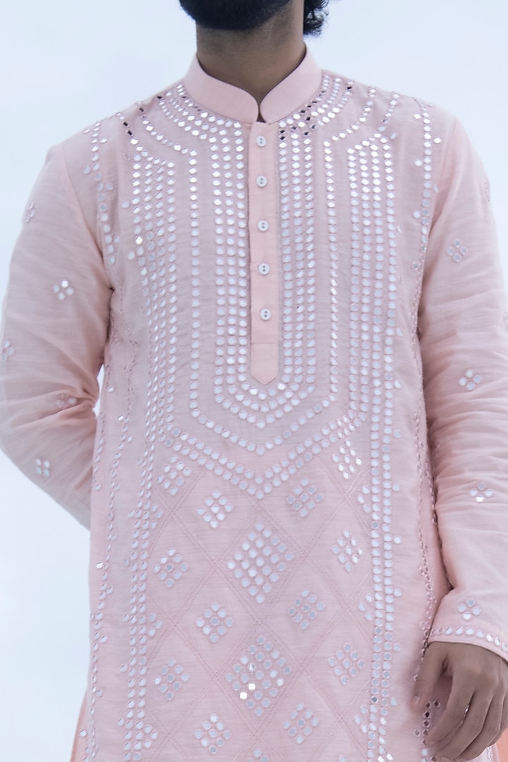 Baby Pink Moonga Silk Mirror Embroidered Kurta Set by AMIT ARORA at Pernia's Pop Up Shop