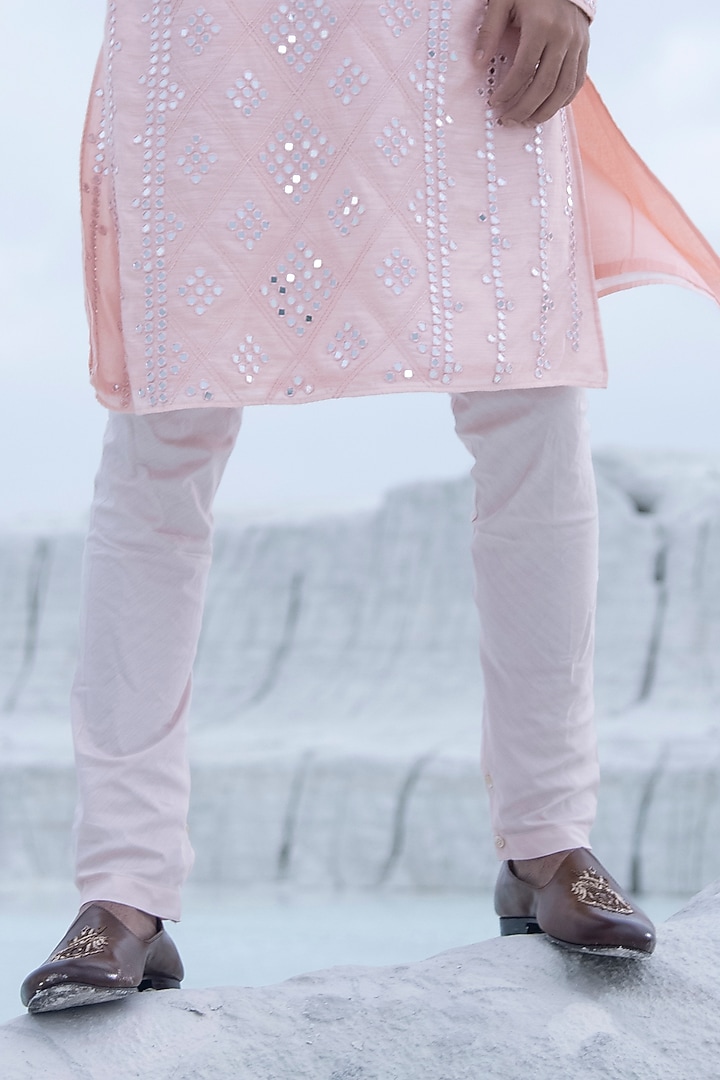 Baby Pink Moonga Silk Mirror Embroidered Kurta Set by AMIT ARORA at Pernia's Pop Up Shop