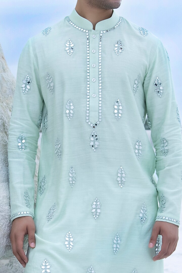 Mint Moonga Silk Hand Embroidered Kurta Set by AMIT ARORA at Pernia's Pop Up Shop