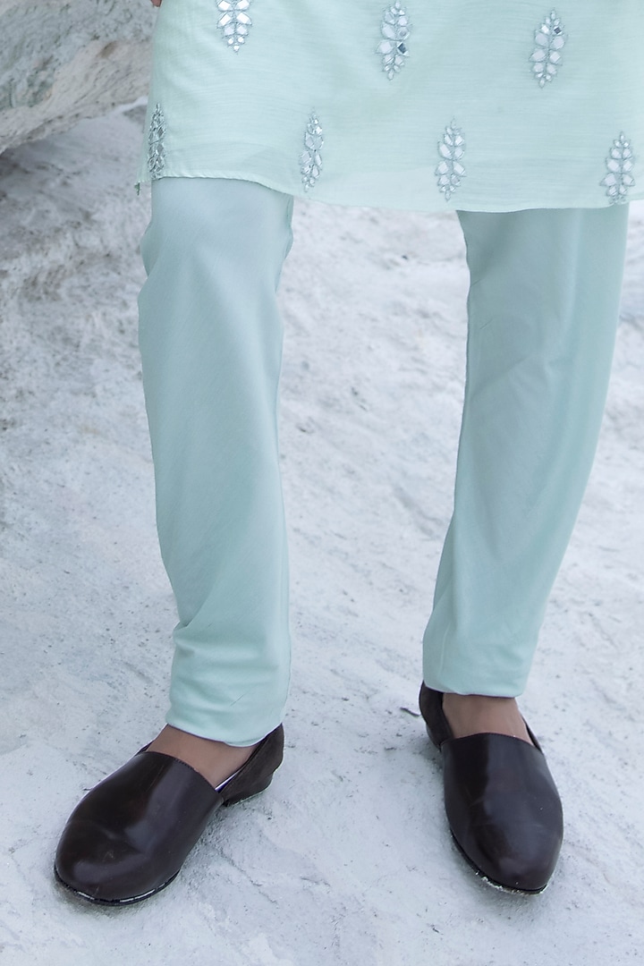 Mint Moonga Silk Hand Embroidered Kurta Set by AMIT ARORA at Pernia's Pop Up Shop
