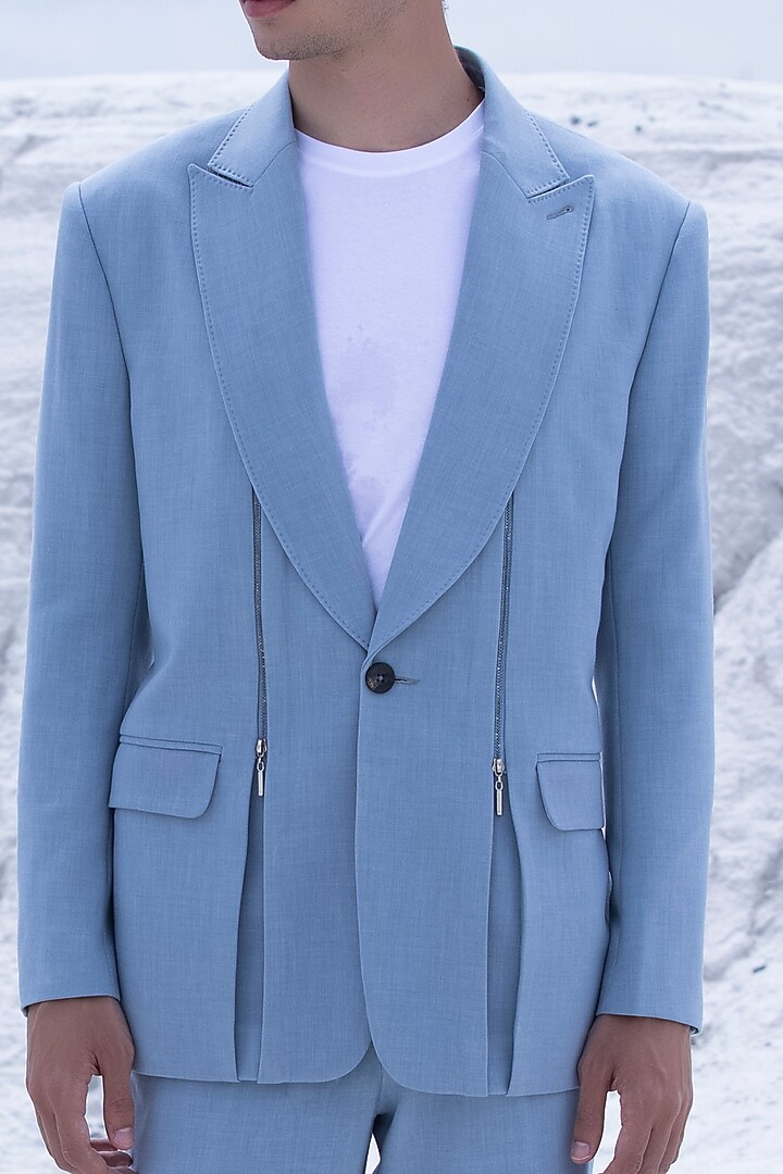 Sky Blue Lycra Embelished Blazer Set by AMIT ARORA at Pernia's Pop Up Shop
