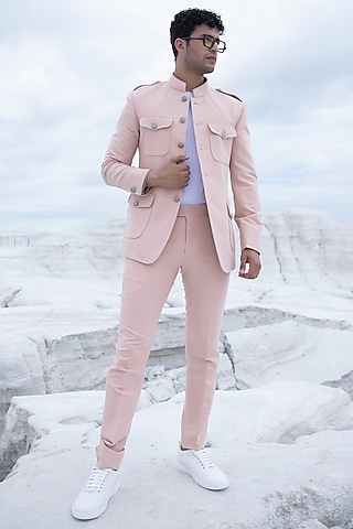 Peach Lycra Blazer Set by AMIT ARORA