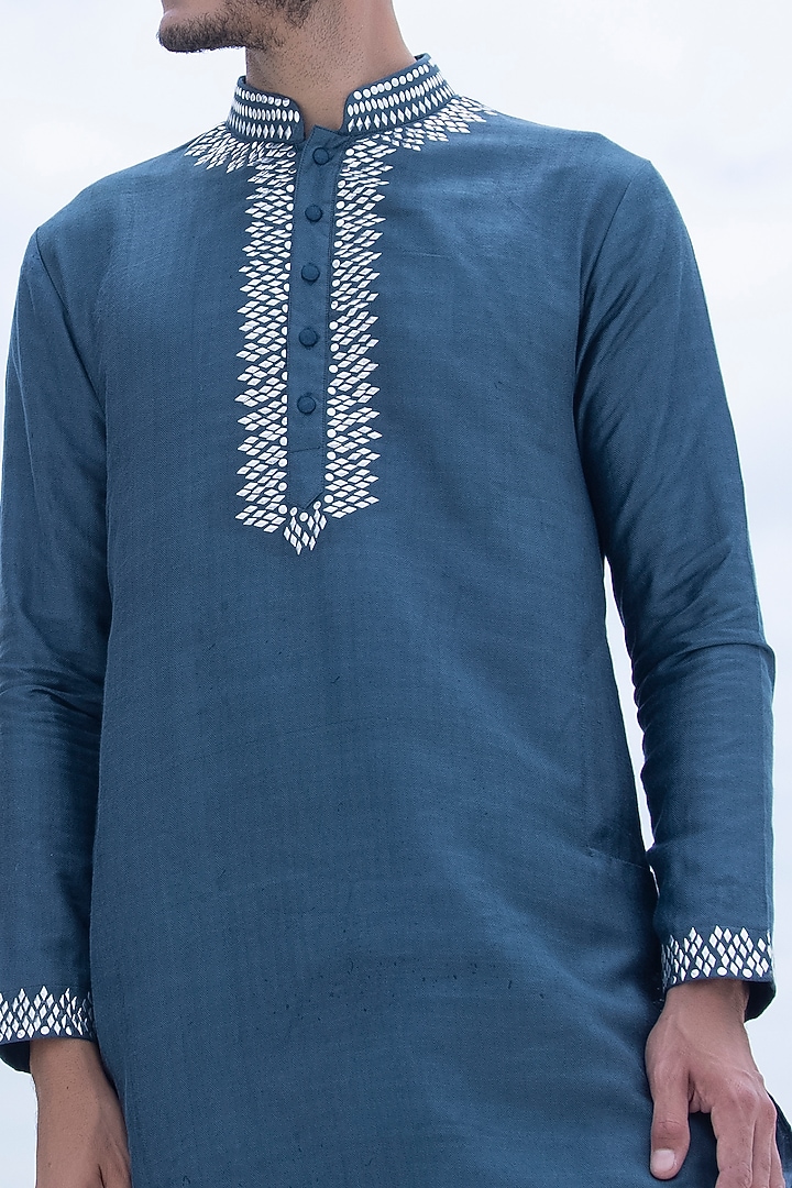 Turquoise Banarasi Silk Studs Embellished Kurta Set by AMIT ARORA at Pernia's Pop Up Shop