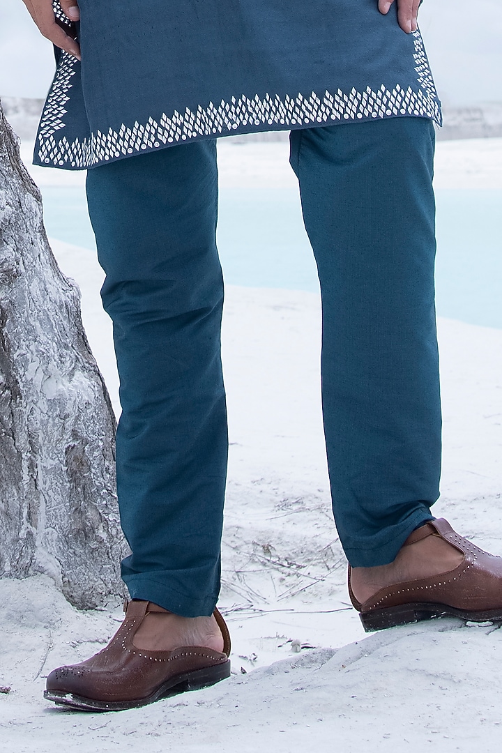 Turquoise Banarasi Silk Studs Embellished Kurta Set by AMIT ARORA at Pernia's Pop Up Shop