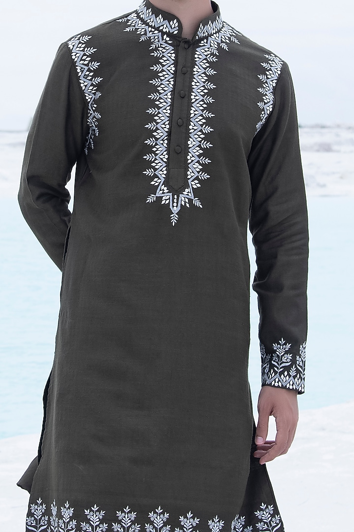 Olive Green Banarasi Silk Embellished Kurta Set by AMIT ARORA at Pernia's Pop Up Shop