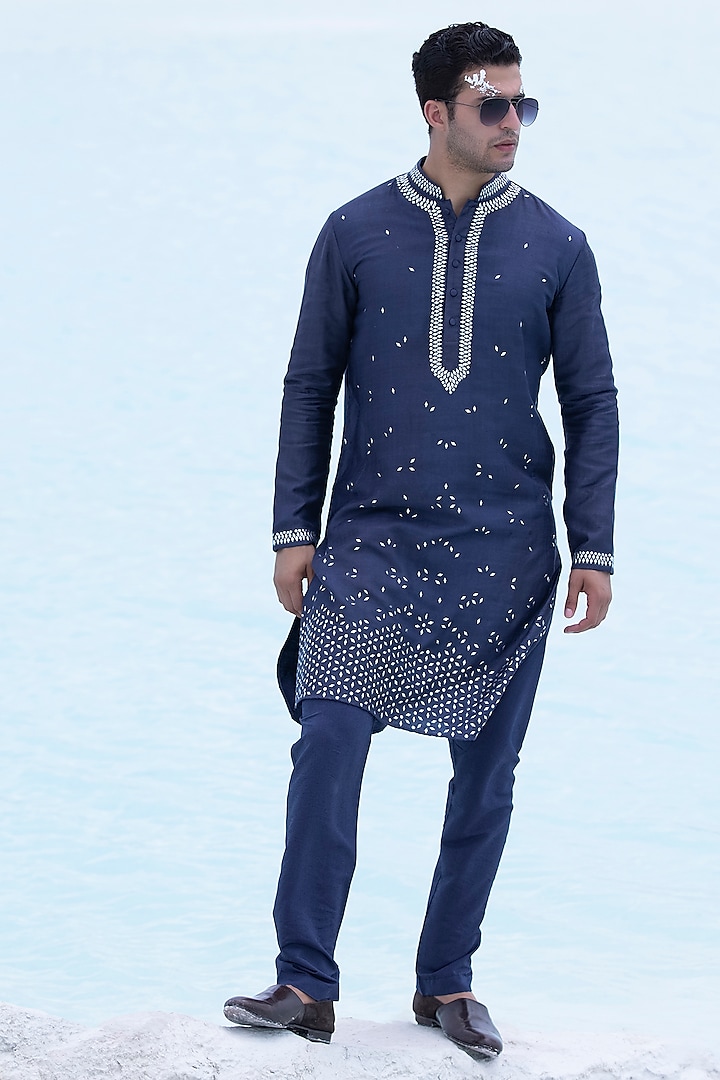 Navy Blue Embellished Kurta Set by AMIT ARORA