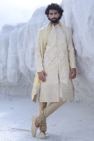 Mustard Raw Silk Hand Embroidered Sherwani Set by AMIT ARORA
