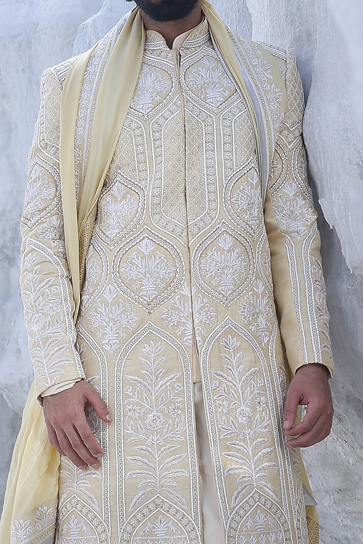Mustard Raw Silk Hand Embroidered Groom Sherwani Set by AMIT ARORA at Pernia's Pop Up Shop