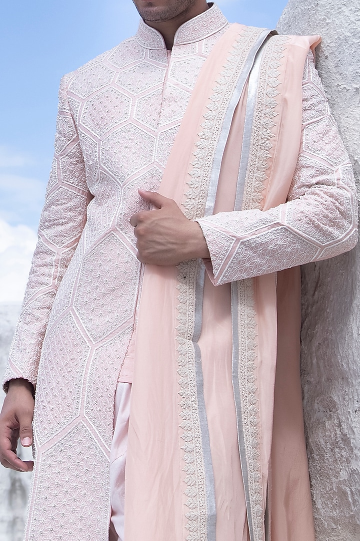 Baby Pink Raw Silk Hand Embroidered Groom Sherwani Set by AMIT ARORA at Pernia's Pop Up Shop