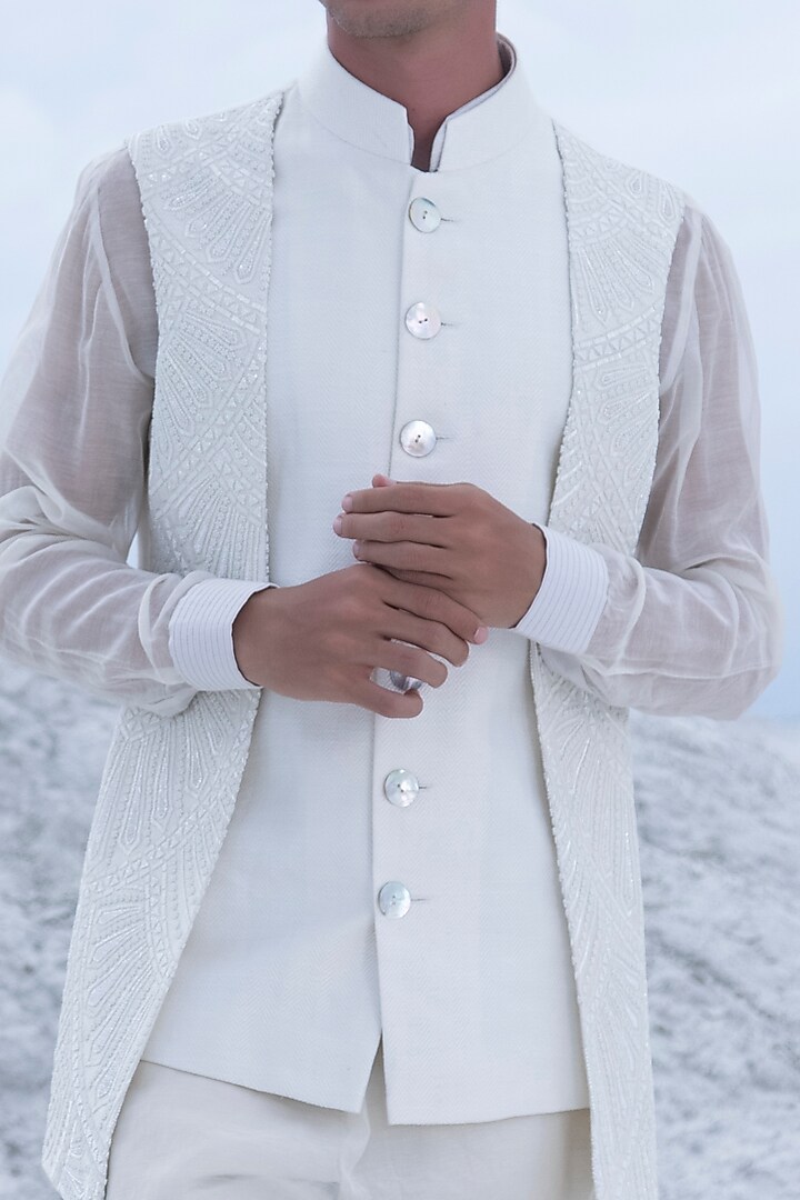 White Pure Silk Cutdana Hand Embroidered Bundi Jacket Set by AMIT ARORA at Pernia's Pop Up Shop