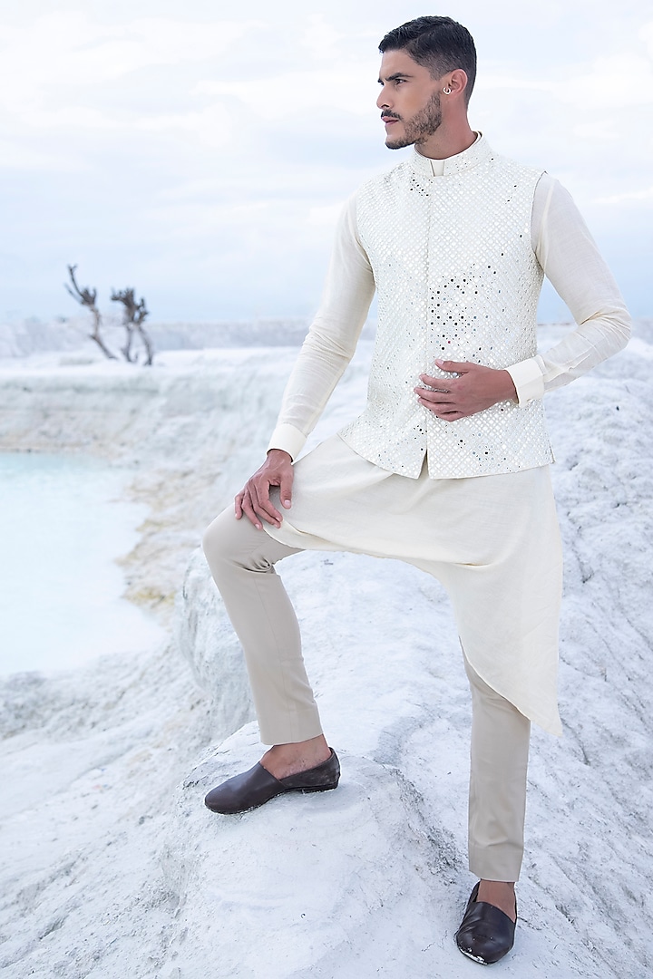 White Moonga Silk Mirror Embellished Nehru Jacket Set by AMIT ARORA