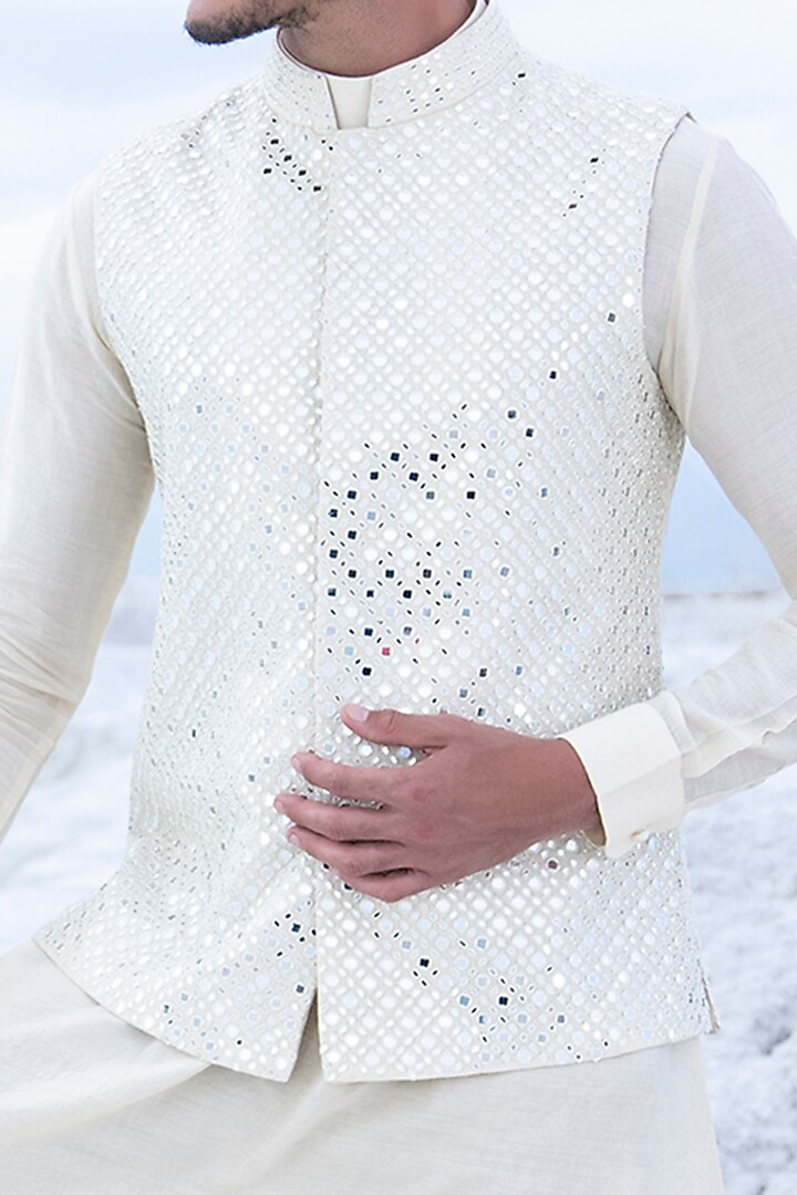 White Moonga Silk Mirror Embellished Nehru Jacket Set by AMIT ARORA at Pernia's Pop Up Shop