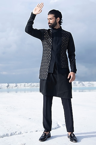 Black Banarasi Silk Metal Embellished Indowestern Set by AMIT ARORA