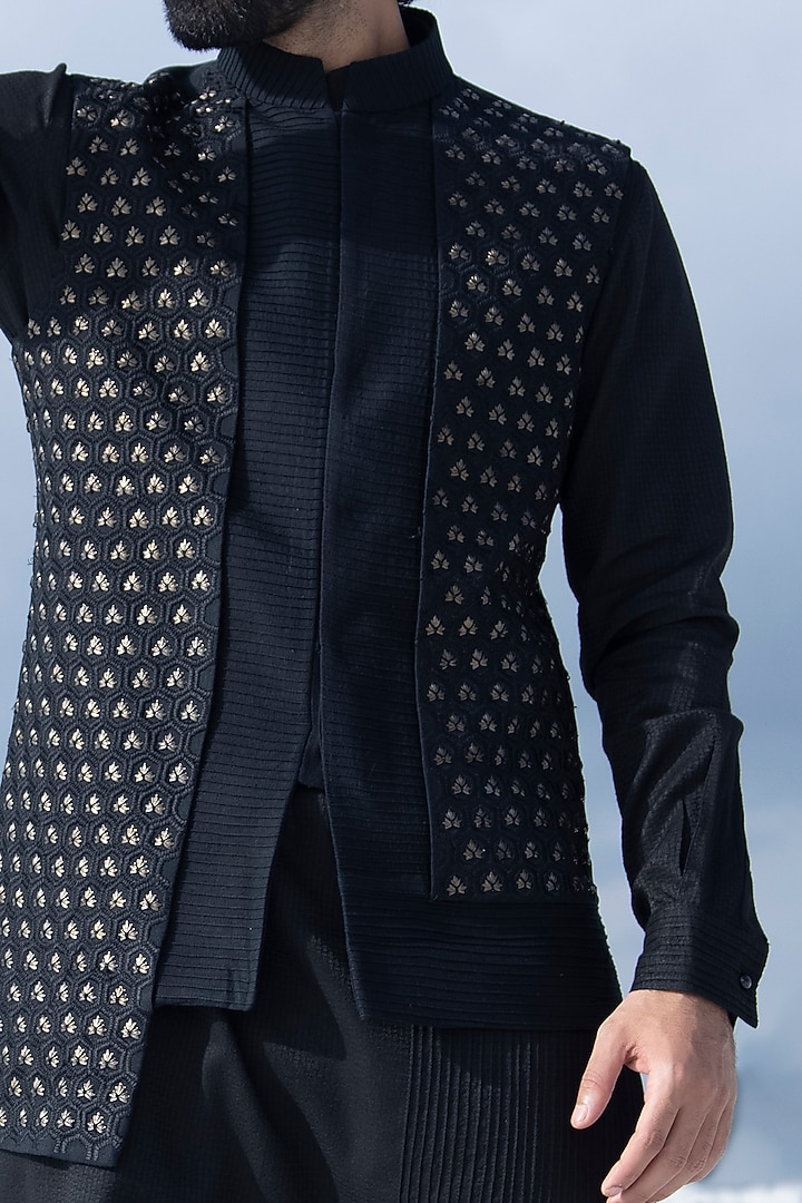 Black Banarasi Silk Metal Embellished Wedding Indowestern Set by AMIT ARORA at Pernia's Pop Up Shop