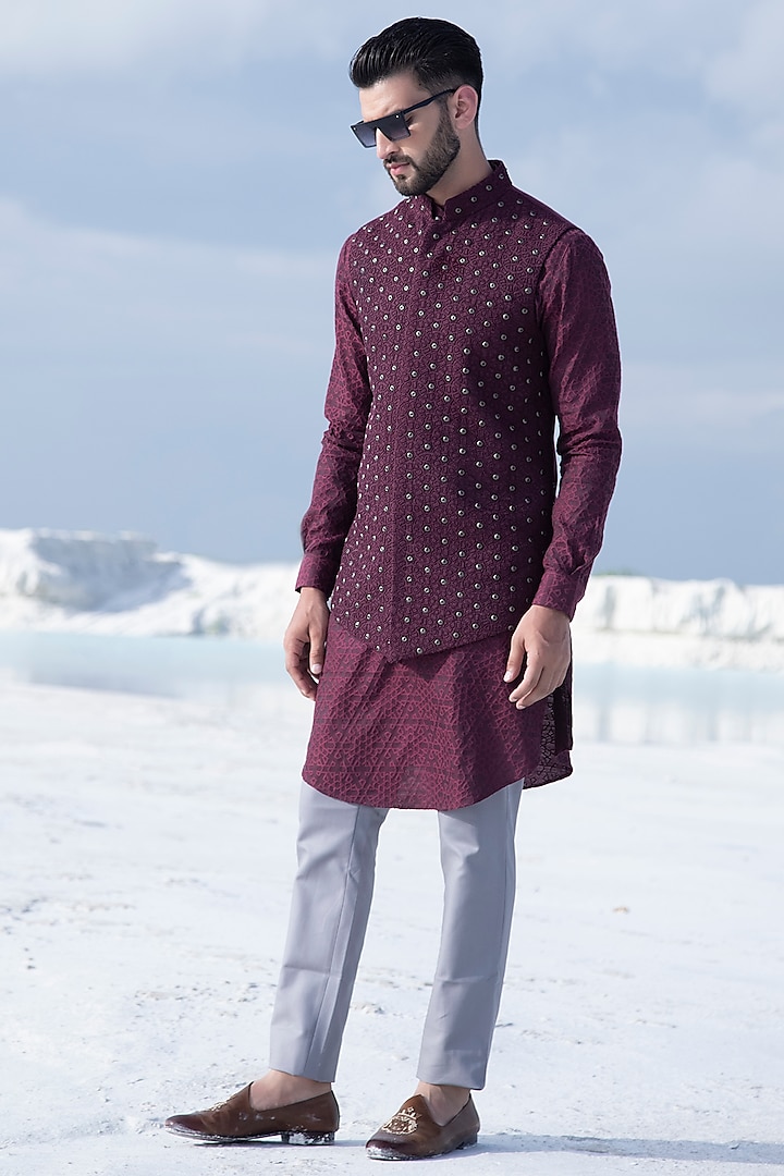 Maroon Banarasi Silk Metal Embellished Nehru Jacket Set by AMIT ARORA