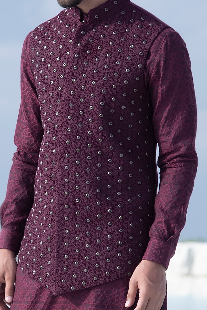Maroon Banarasi Silk Metal Embellished Nehru Jacket Set by AMIT ARORA at Pernia's Pop Up Shop