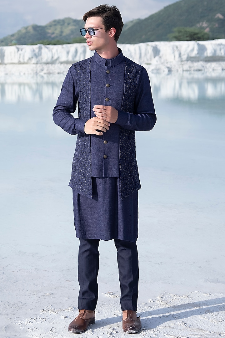 Navy Blue Embellished Bundi Jacket With Kurta Set by AMIT ARORA