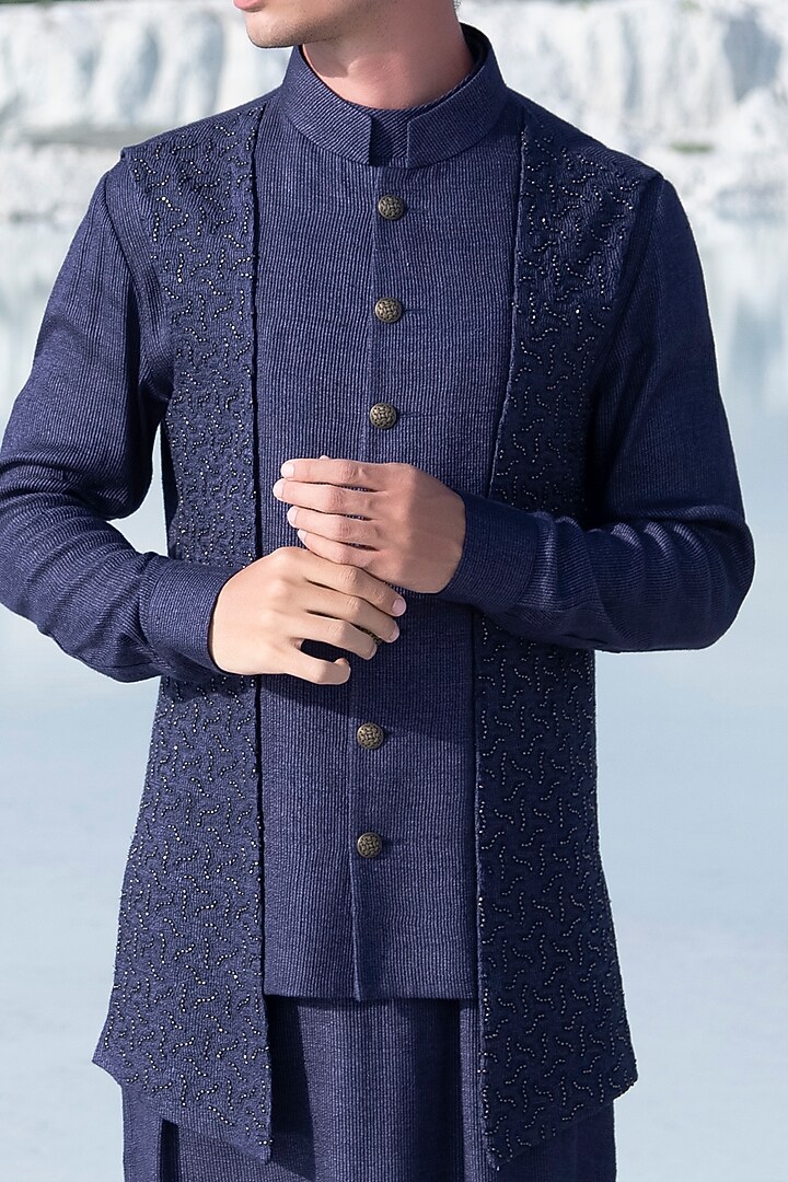 Navy BLue Banarasi Silk Embellished Bundi Jacket Set by AMIT ARORA at Pernia's Pop Up Shop