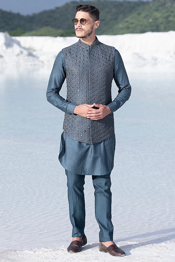 Turquoise Embellished Bundi Jacket With Kurta Set by AMIT ARORA
