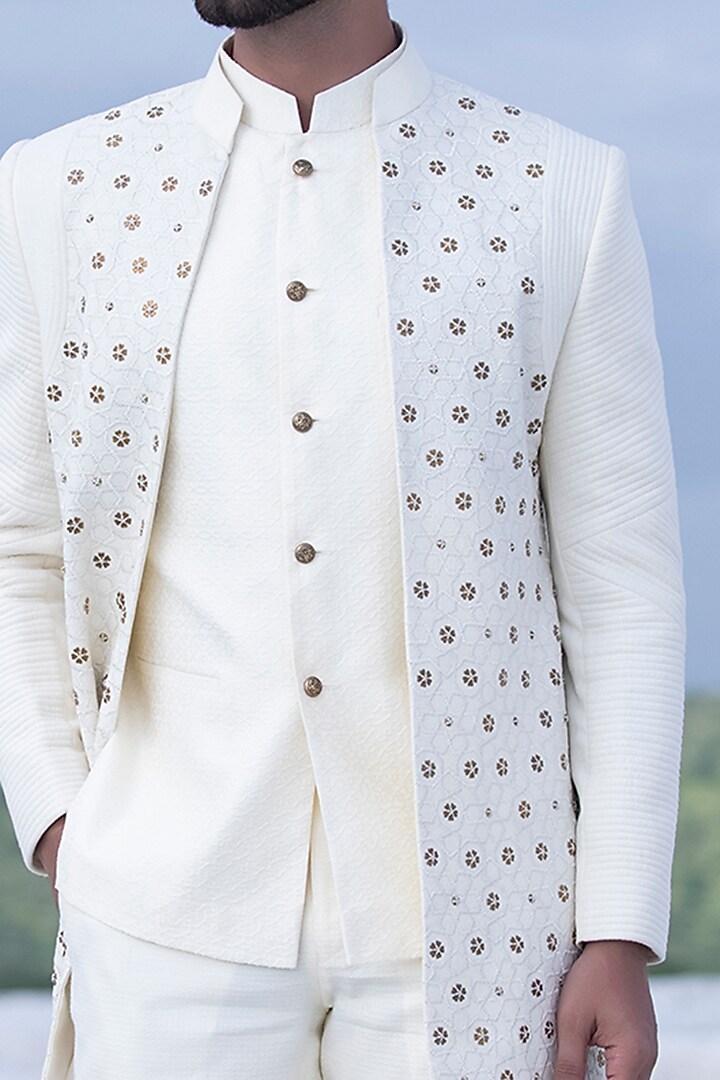 Cream Banarasi Silk Metal Embellished Wedding Indowestern Set by AMIT ARORA at Pernia's Pop Up Shop