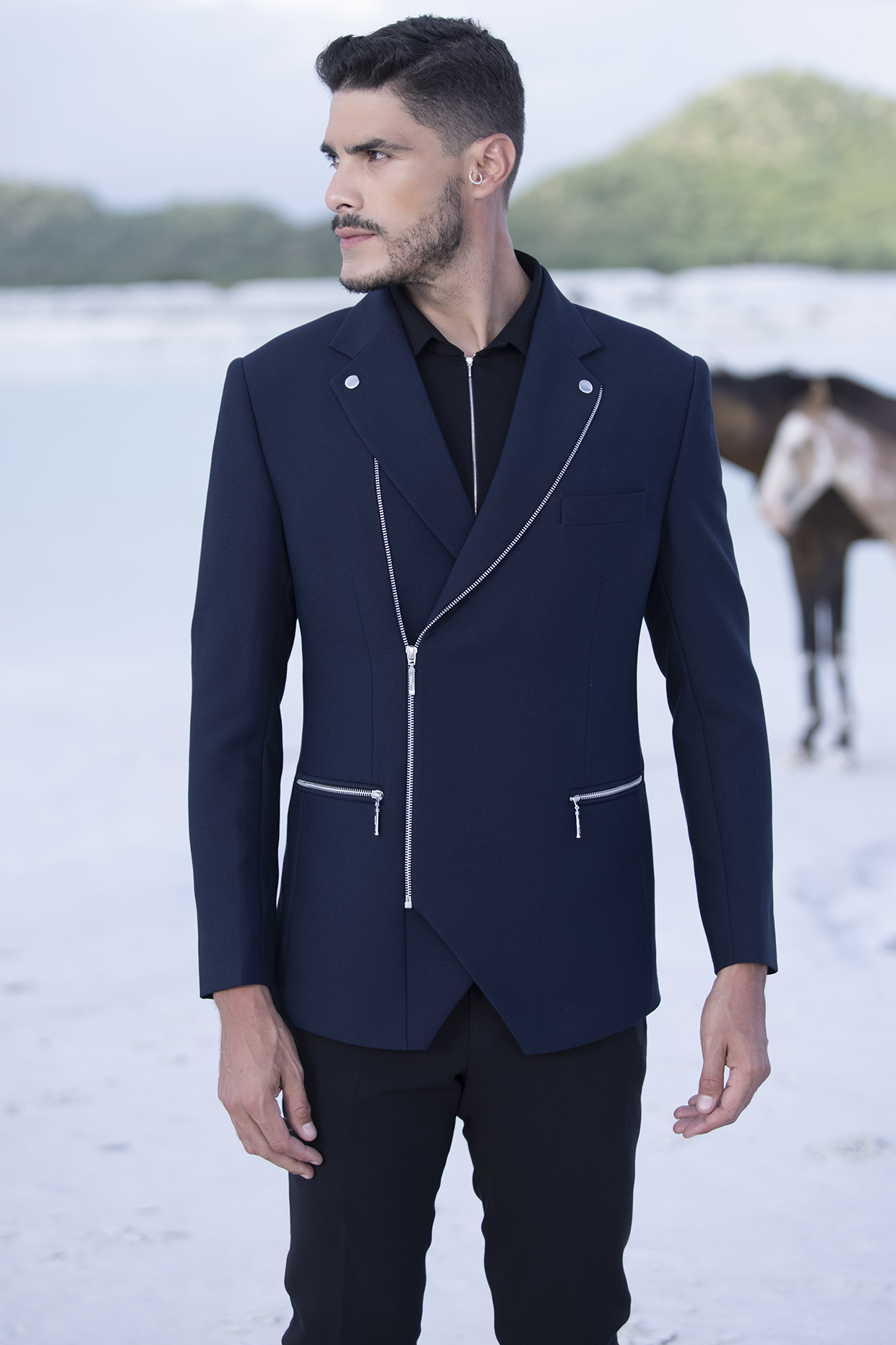 Navy Blue Lycra Bomber Jacket by AMIT ARORA at Pernia's Pop Up Shop