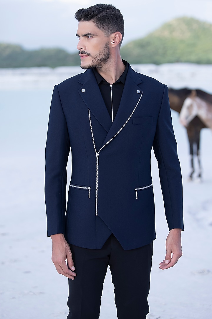 Navy Blue Lycra Bomber Jacket by AMIT ARORA at Pernia's Pop Up Shop