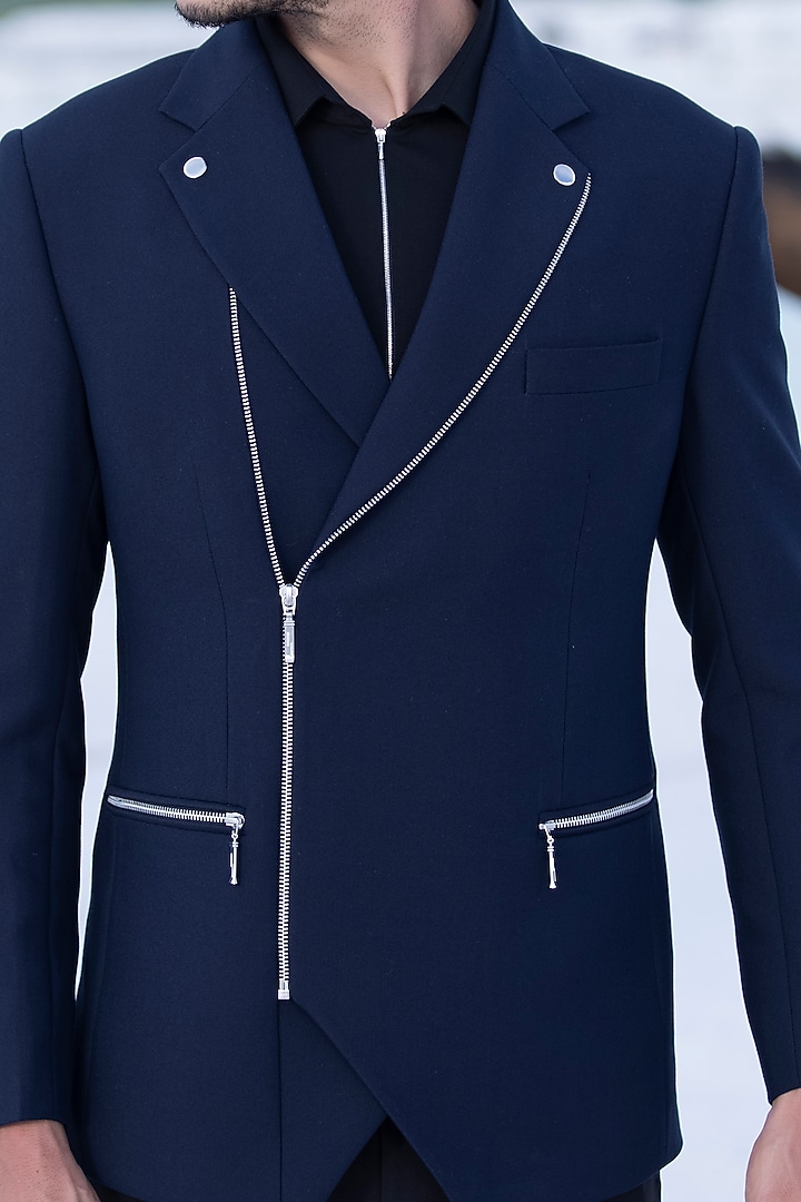 Navy Blue Lycra Embellished Bomber Jacket by AMIT ARORA at Pernia's Pop Up Shop