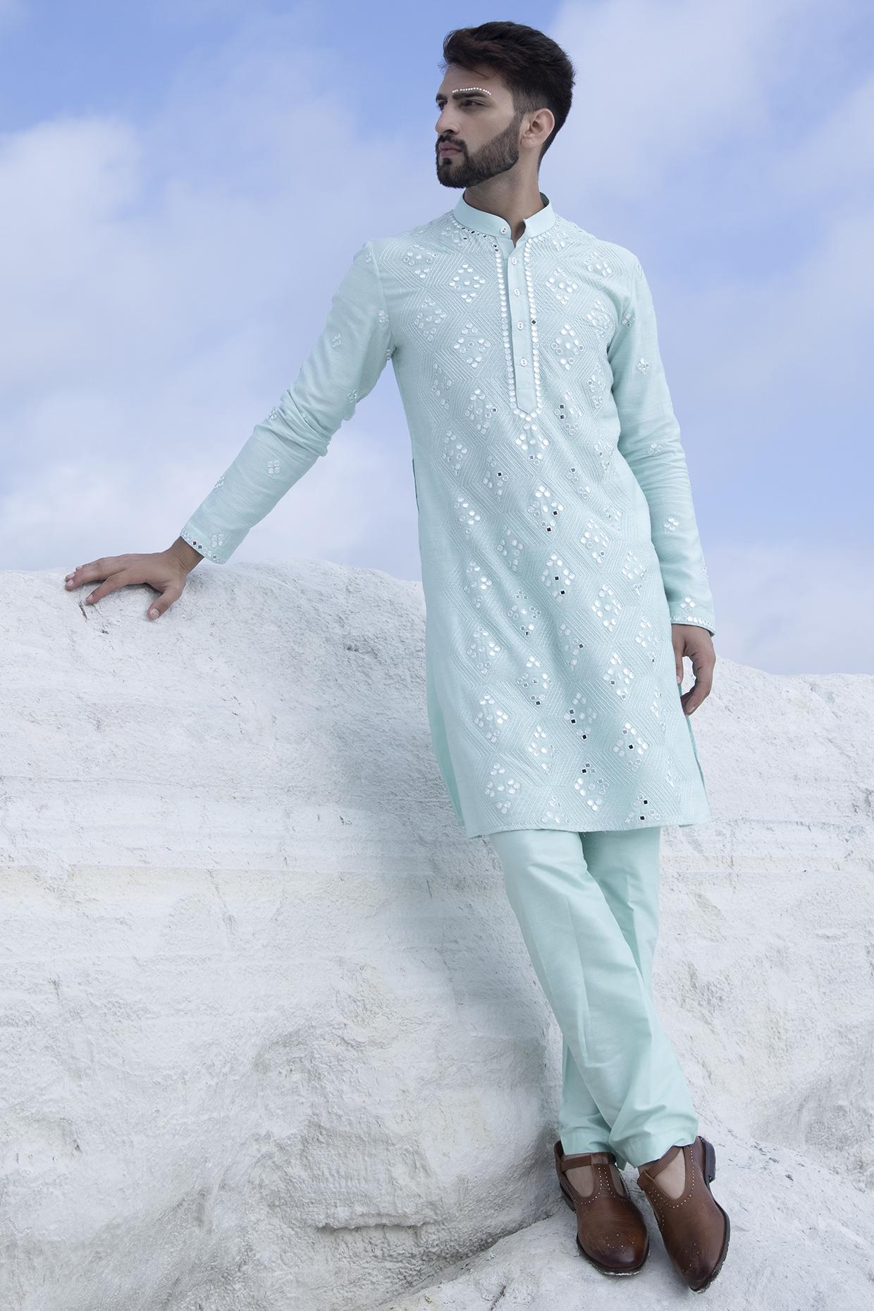 Teal Moonga Silk Mirror Hand Embroidered Kurta Set by AMIT ARORA at Pernia's Pop Up Shop