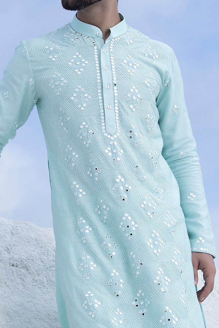 Teal Moonga Silk Mirror Hand Embroidered Kurta Set by AMIT ARORA at Pernia's Pop Up Shop