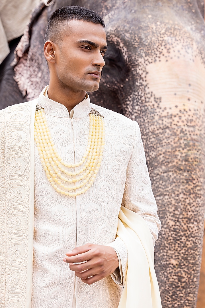 Light Gold Raw Silk Hand Embroidered Groom Sherwani Set by AMIT ARORA at Pernia's Pop Up Shop