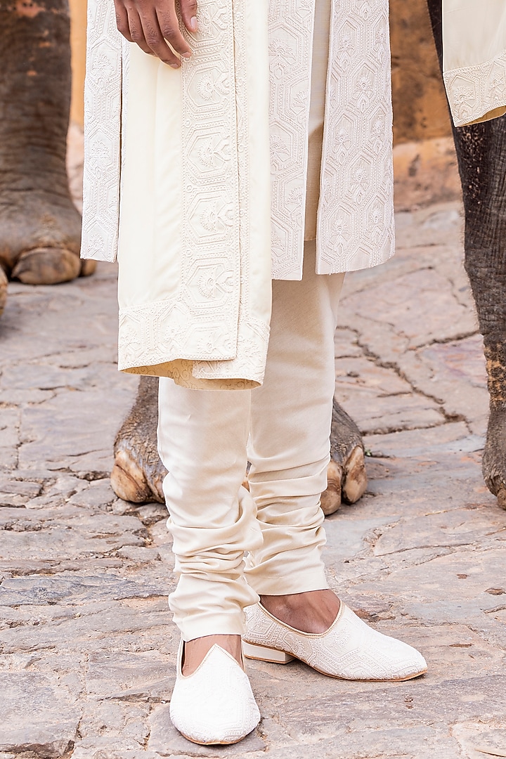 Light Gold Raw Silk Hand Embroidered Groom Sherwani Set by AMIT ARORA at Pernia's Pop Up Shop