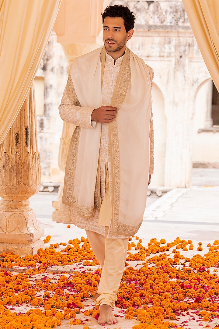 Cream Raw Silk Hand Embroidered Sherwani Set by AMIT ARORA