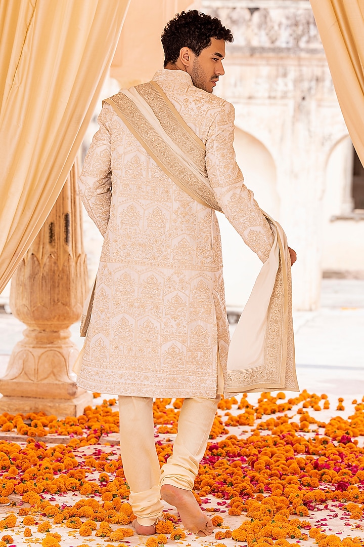 Cream Raw Silk Hand Embroidered Groom Sherwani Set by AMIT ARORA at Pernia's Pop Up Shop
