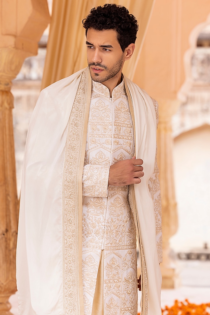Cream Raw Silk Hand Embroidered Groom Sherwani Set by AMIT ARORA at Pernia's Pop Up Shop